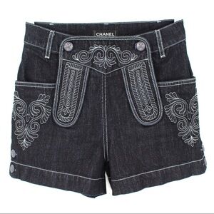 CHANEL Embroidered Denim Side Button Cuff Shorts Coco Cotton Dark White 34 US 0